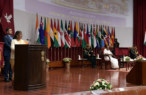 President Draupadi Murmu addresses student officers at the Defence Services Staff College, Wellington