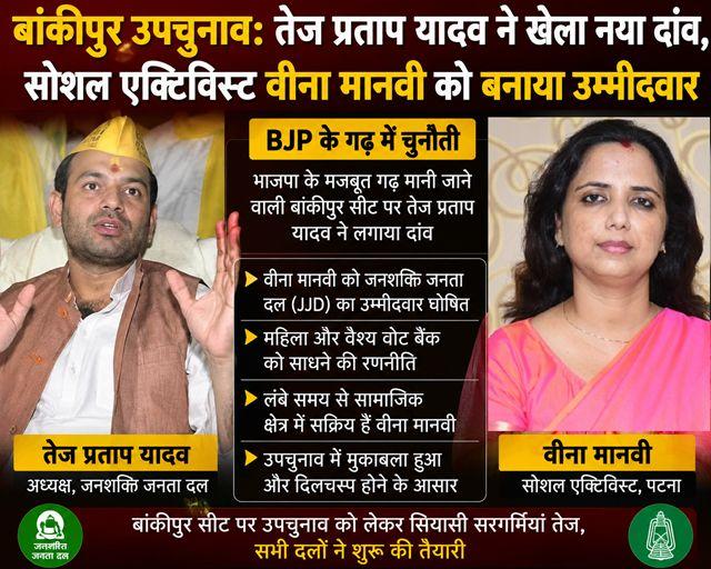 Bankipur By-election Tej Pratap Yadav makes a new move, fields social activist Veena Manvi as the candidate.
