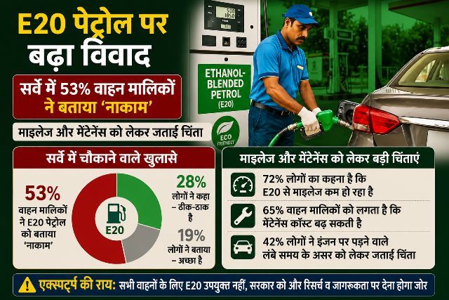 Controversy escalates over E20 petrol, with 53% of vehicle owners surveyed saying it was a failure; concerns expressed about mileage and maintenance.