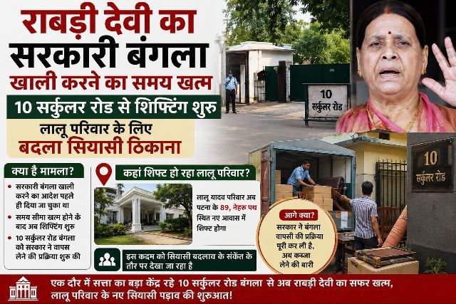 Deadline for Rabri Devi to vacate government bungalow expires; shifting from 10 Circular Road begins; political base changes for the Lalu family.