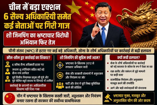 Major crackdown in China; several leaders, including six military officials, face disciplinary action; Xi Jinping's anti-corruption campaign intensifies again.