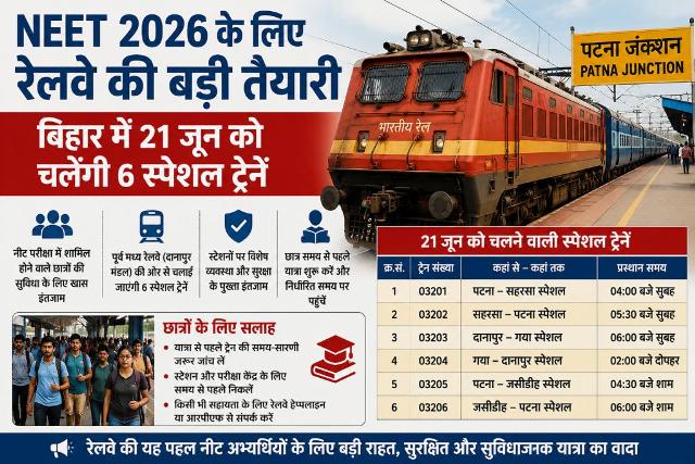 Major preparations by Railways for NEET 2026; 6 special trains to run in Bihar on June 21
