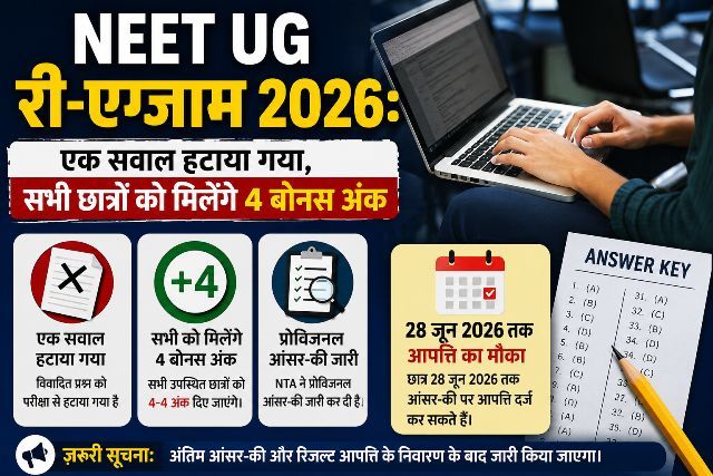 NEET UG Re-exam 2026 One question dropped, all students to receive 4 bonus marks; provisional answer key released, window to raise objections open until June 28.