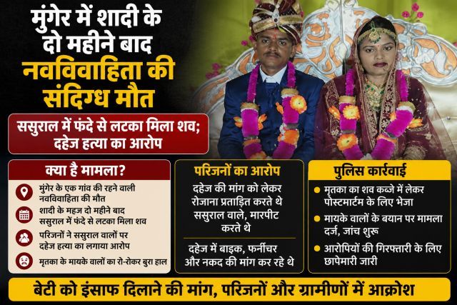 Newlywed woman dies under suspicious circumstances in Munger two months after marriage, body found hanging from a noose at her in-laws' house; dowry death alleged