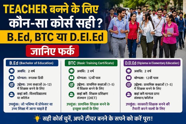 Preparing for teacher recruitment Understand the differences between B.Ed, BTC, and D.El.Ed before choosing the right course.