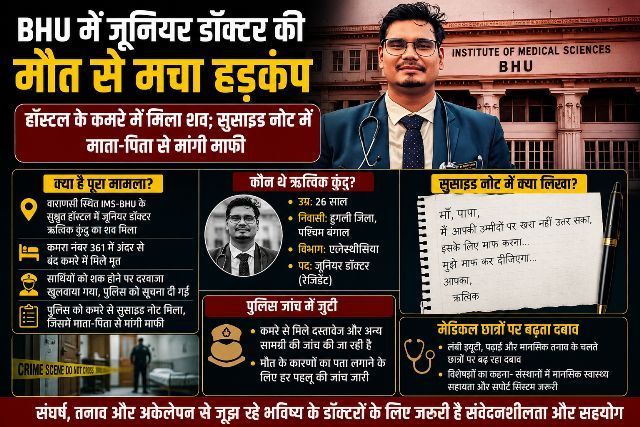 Shockwaves at BHU following the death of a junior doctor; body found in hostel room; suicide note contains apology to parents.