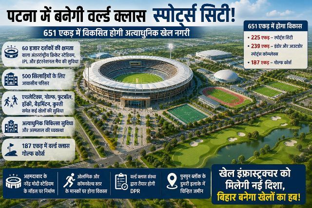 A world-class sports city spanning 651 acres will be built in Bihar; a stadium with a capacity of 60,000 spectators will be a key attraction